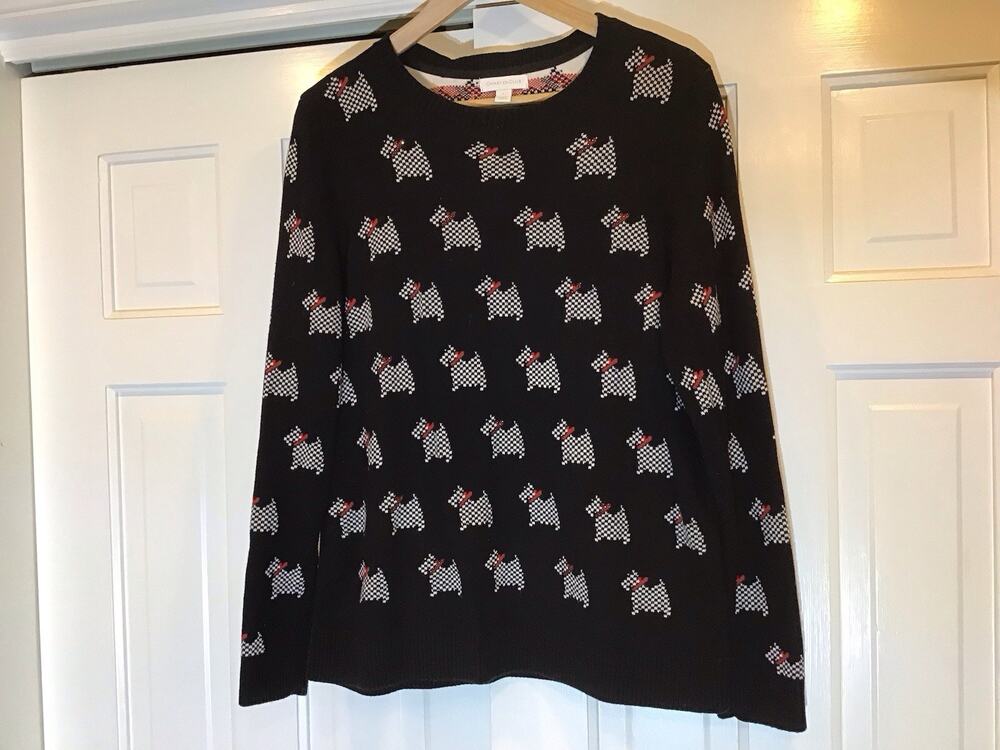 Charter Club Scottie Dog Women's L Black Novelty Sweater Rhinestone Preppy Twee